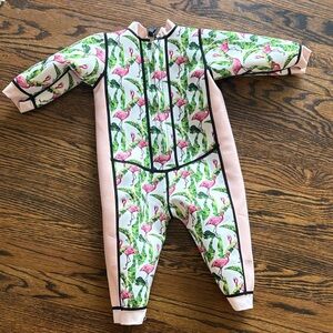 Flamingo/Pink Print Kids wet suit reversible size 24-36 months.